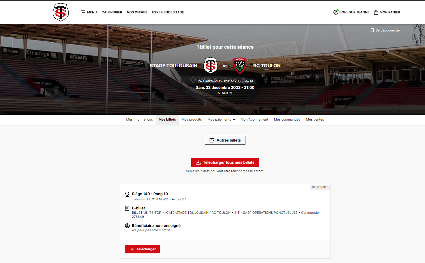 Télécharger mon billet Stade Toulousain
